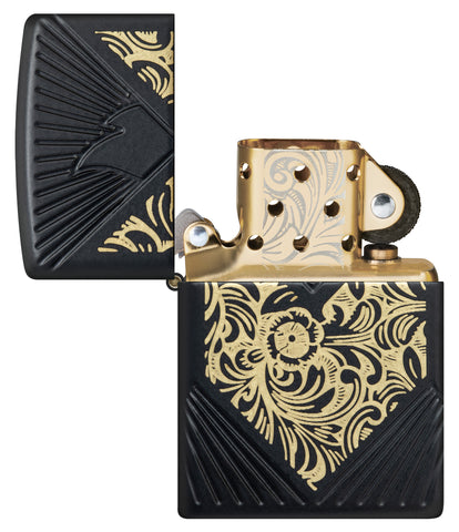 ˫ 2024 Collectible of the Year Windproof Lighter with its lid open and unlit.